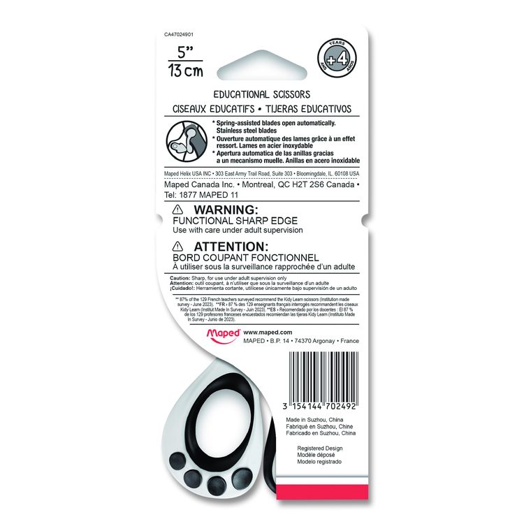 Kidy Spring-Assisted Educational Scissors Rounded Tip, 5.41" Long, 2" Cut Length, Straight White/ Black Handle