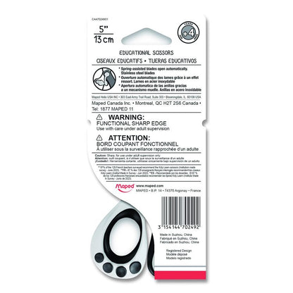 Kidy Spring-Assisted Educational Scissors Rounded Tip, 5.41" Long, 2" Cut Length, Straight White/ Black Handle