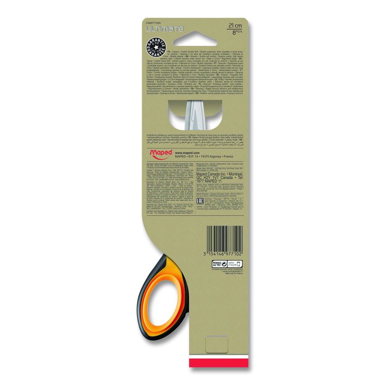Ultimate Soft Grip Multipurpose Scissors, 8.25" Long, 4.5" Cut Length, Straight Orange/Black Handle