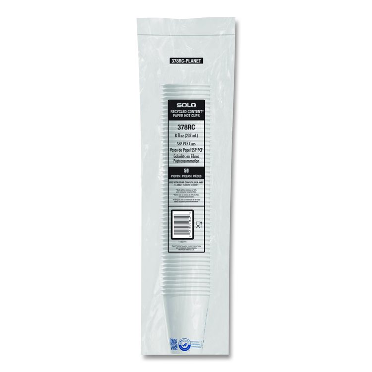 Recycled Content PCF Paper Hot Cups, ProPlanet Seal, 8 oz, White, 50/Pack