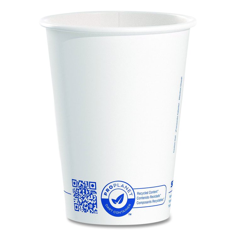 Recycled Content PCF Paper Hot Cups, ProPlanet Seal, 12 oz, White, 50/Pack