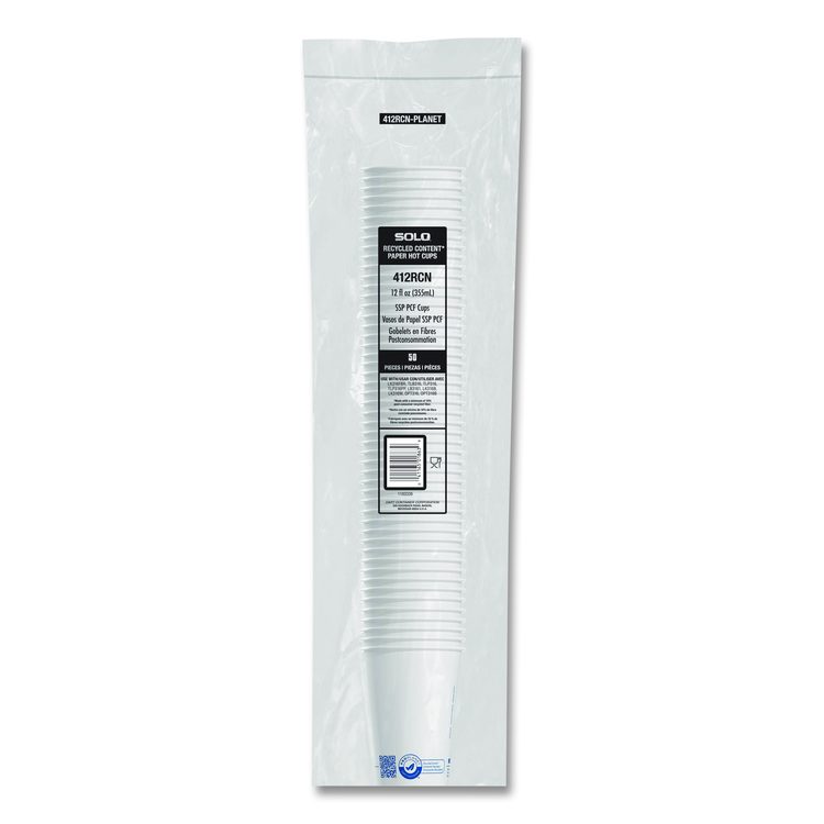 Recycled Content PCF Paper Hot Cups, ProPlanet Seal, 12 oz, White, 50/Pack