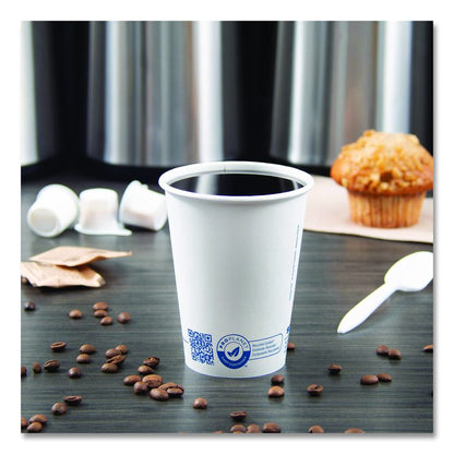 Recycled Content PCF Paper Hot Cups, ProPlanet Seal, 12 oz, White, 50/Pack