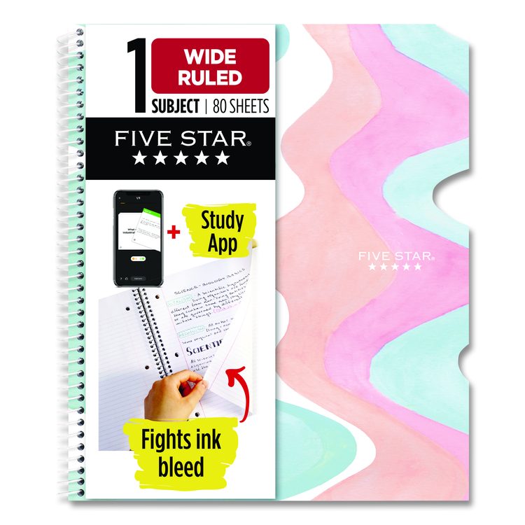 Brushy Moves Pastel Waves Design Notebook w/ Study App, 1-Subject, Wide/Legal Rule, Assorted Cover Color, (80)11 x 8.5 Sheets