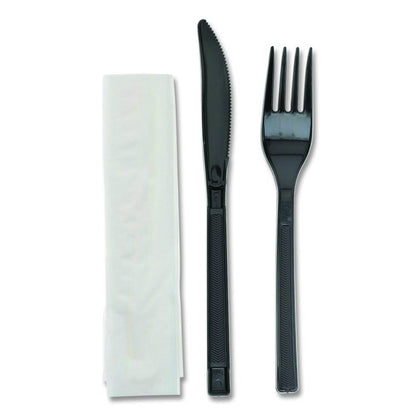 Gardenware Cutlery Kit, Individually Wrapped, Heavyweight, Fork/Knife/Napkin, Plastic, Black, 500/Carton