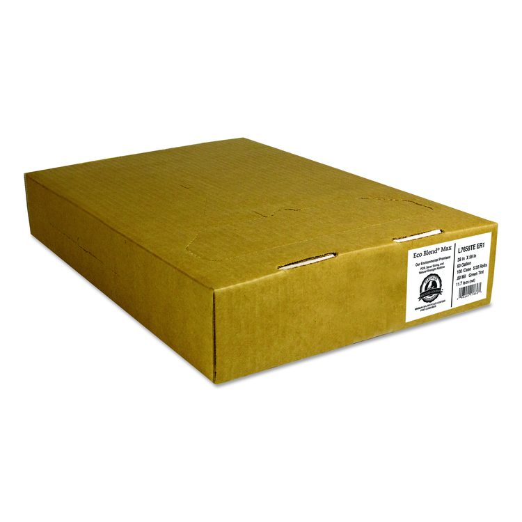 Eco Blend Max Can Liners, 60 gal, 0.8 mil, 38" x 58", Green, 20 Bags/Roll, 5 Rolls/Carton
