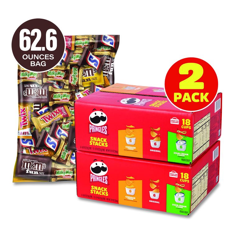 Mini Milk Chocolate and Pringles Snack Stacks Variety Combo Pack, 62 oz Bag Mini/Fun Size, (36) Cups Assorted Flavors/Bundle