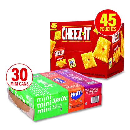 Soda Mini Variety and Cheez-It Combo Pack, (30) 7.5 oz Cans Assorted Flavors, (45) 1.5 oz Pouch Original Cheez-It/Bundle