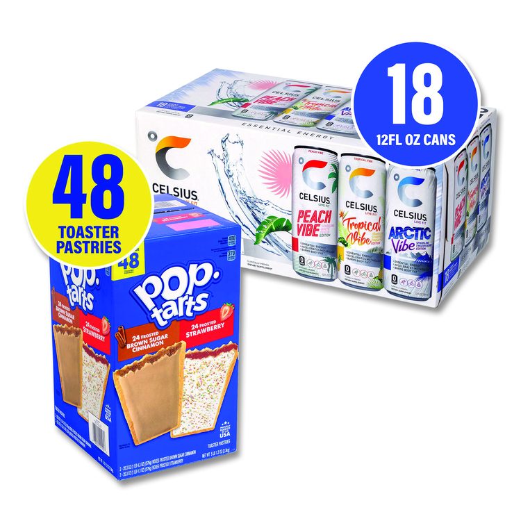 Celcius Vibe and Pop Tarts Variety Combo Pack,(18) 12oz Cans,(24) Frosted Strawberry/(24) Frosted Brown Sugar Cinnamon/Bundle