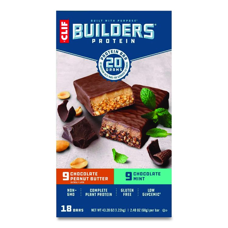 Builders Protein Bar, Variety Pack, Chocolate Mint/Chocolate Peanut Butter, 2.4 oz Bar, 18 Bars/Box