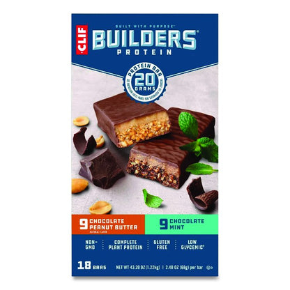 Builders Protein Bar, Variety Pack, Chocolate Mint/Chocolate Peanut Butter, 2.4 oz Bar, 18 Bars/Box