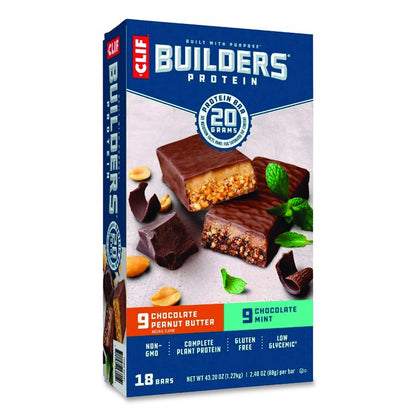 Builders Protein Bar, Variety Pack, Chocolate Mint/Chocolate Peanut Butter, 2.4 oz Bar, 18 Bars/Box