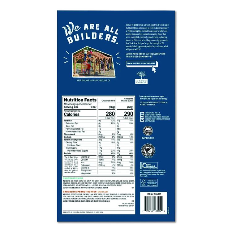 Builders Protein Bar, Variety Pack, Chocolate Mint/Chocolate Peanut Butter, 2.4 oz Bar, 18 Bars/Box