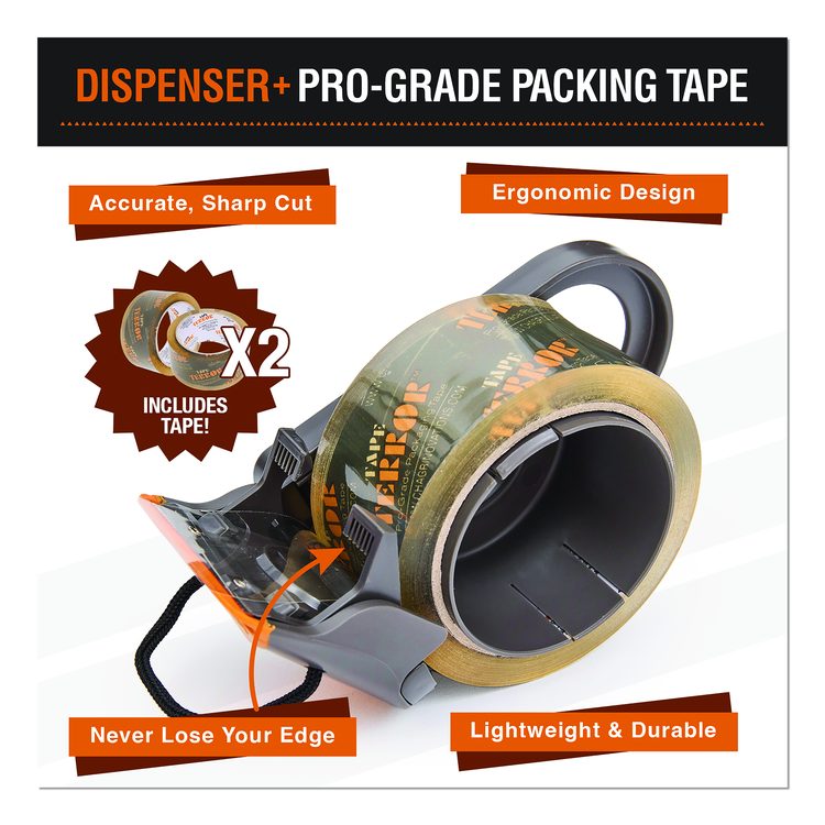 Tape Dispenser with Tape, 3" Core, Polypropylene, Gray/Orange, 1 Dispenser, 2 Rolls