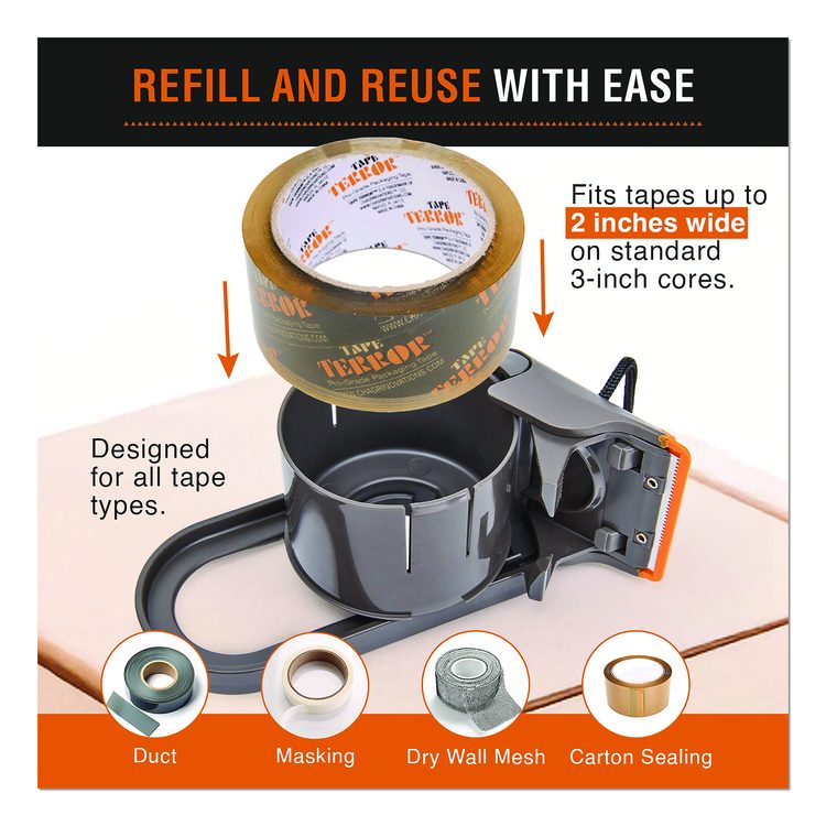 Tape Dispenser with Tape, 3" Core, Polypropylene, Gray/Orange, 1 Dispenser, 2 Rolls