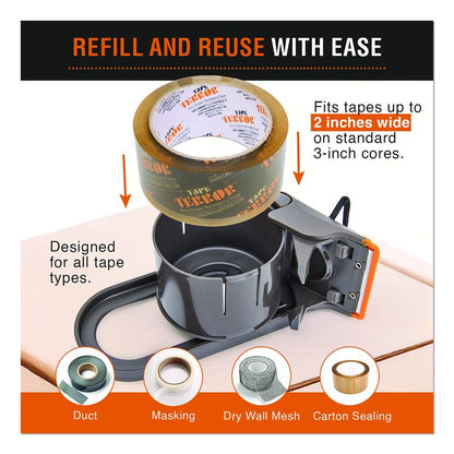 Tape Dispenser with Tape, 3" Core, Polypropylene, Gray/Orange, 1 Dispenser, 2 Rolls