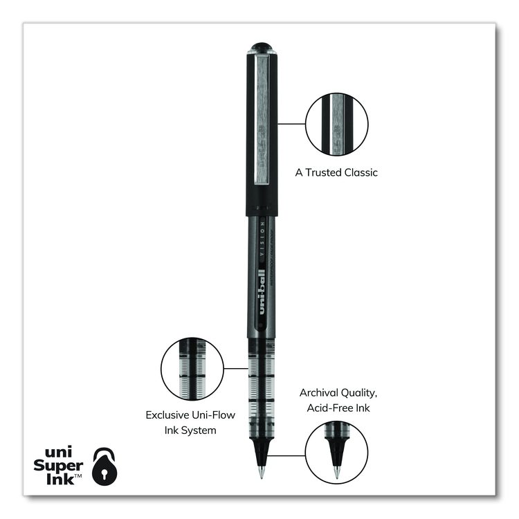 VISION Rollerball Pen, Stick, Micro 0.5 mm, Black Ink, Gray/Black/Clear Barrel, Dozen
