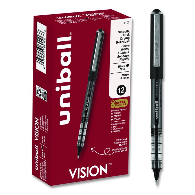 VISION Rollerball Pen, Stick, Micro 0.5 mm, Black Ink, Gray/Black/Clear Barrel, Dozen
