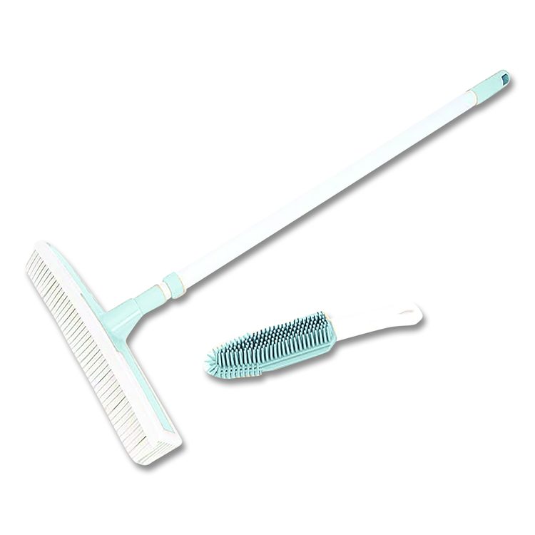 Rubber Broom and Handheld Brush,11.75 x 50 Plastic Handle, White/Blue