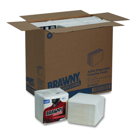 Professional Cleaning Towels, 1-Ply, 12 x 13, White, 50/Pack, 18 Packs/Carton