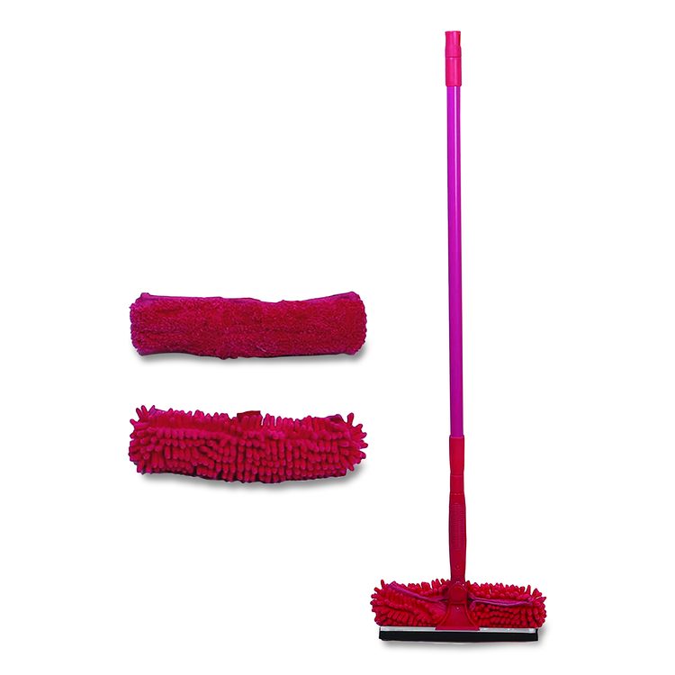 Window Cleaner Set, with Cleaning Heads, 11", 49" Plastic Handle, Raspberry