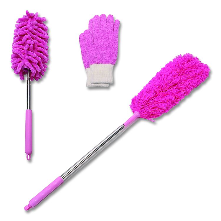 Dusting Set, Feather Duster, Dusting Wand, 2 Gloves, Pink