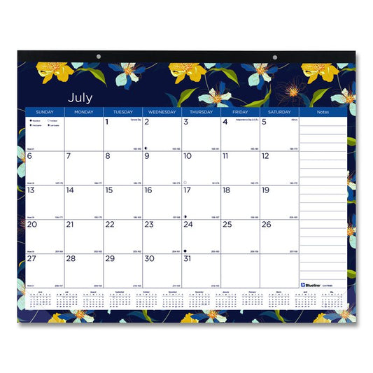 Academic 18-Month Desk Pad Calendar, Floral Artwork, 22 x 17, White/Multicolor Sheets, Black Headband, July 2025 to Dec 2026