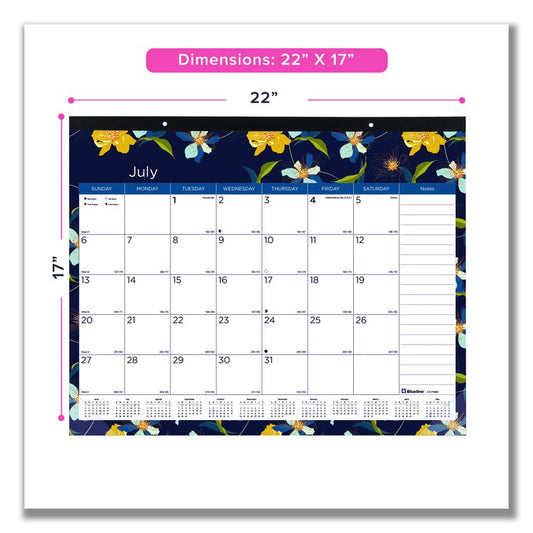 Academic 18-Month Desk Pad Calendar, Floral Artwork, 22 x 17, White/Multicolor Sheets, Black Headband, July 2025 to Dec 2026