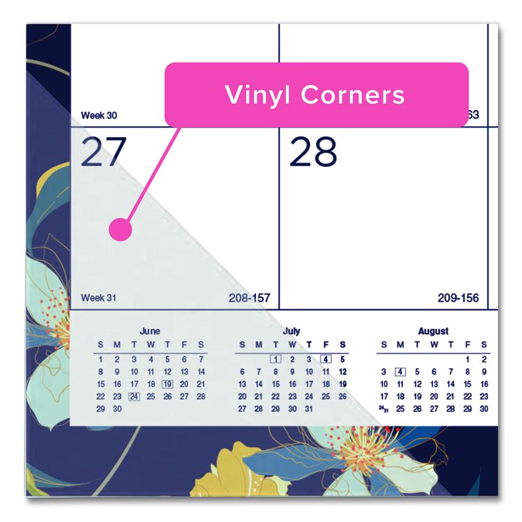 Academic 18-Month Desk Pad Calendar, Floral Artwork, 22 x 17, White/Multicolor Sheets, Black Headband, July 2025 to Dec 2026