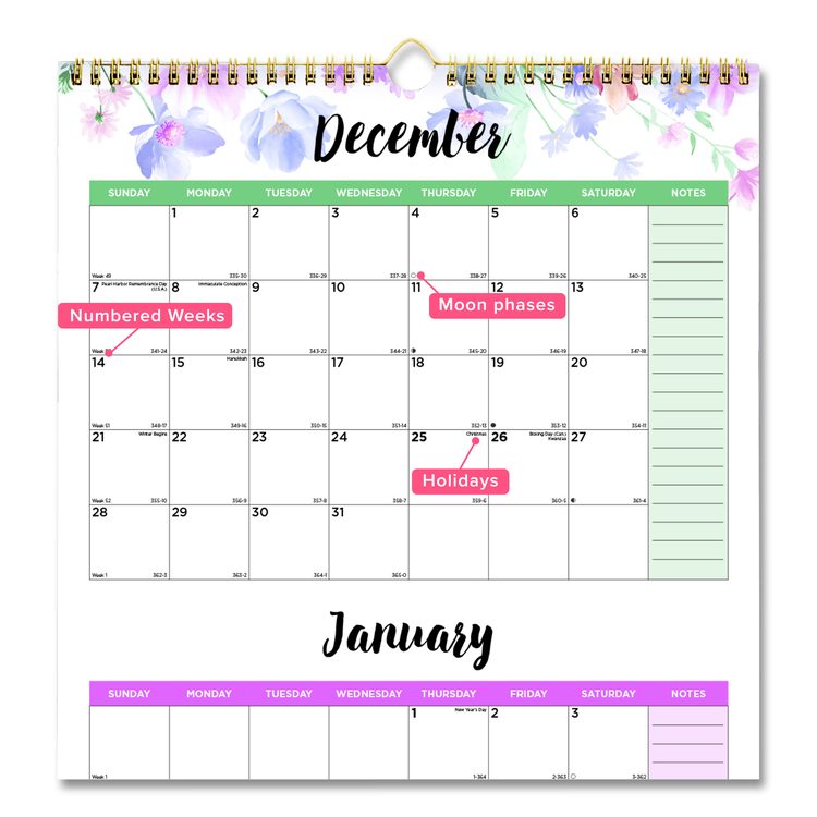 3-Month Quarterly Wall Calendar, Passion Floral Artwork, 12.25 x 27, White/Multicolor Sheets, 14-Month: Dec 2025 to Jan 2027