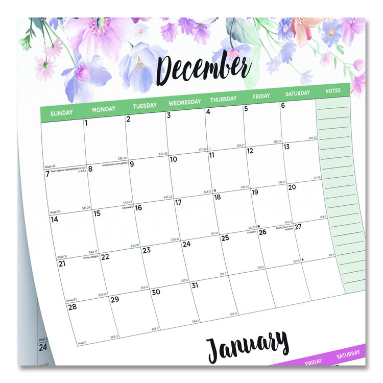 3-Month Quarterly Wall Calendar, Passion Floral Artwork, 12.25 x 27, White/Multicolor Sheets, 14-Month: Dec 2025 to Jan 2027