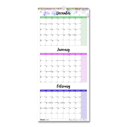 3-Month Quarterly Wall Calendar, Passion Floral Artwork, 12.25 x 27, White/Multicolor Sheets, 14-Month: Dec 2025 to Jan 2027