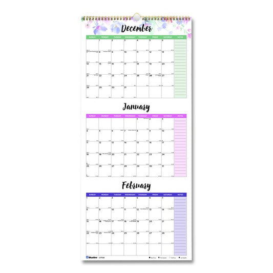 3-Month Quarterly Wall Calendar, Passion Floral Artwork, 12.25 x 27, White/Multicolor Sheets, 14-Month: Dec 2025 to Jan 2027