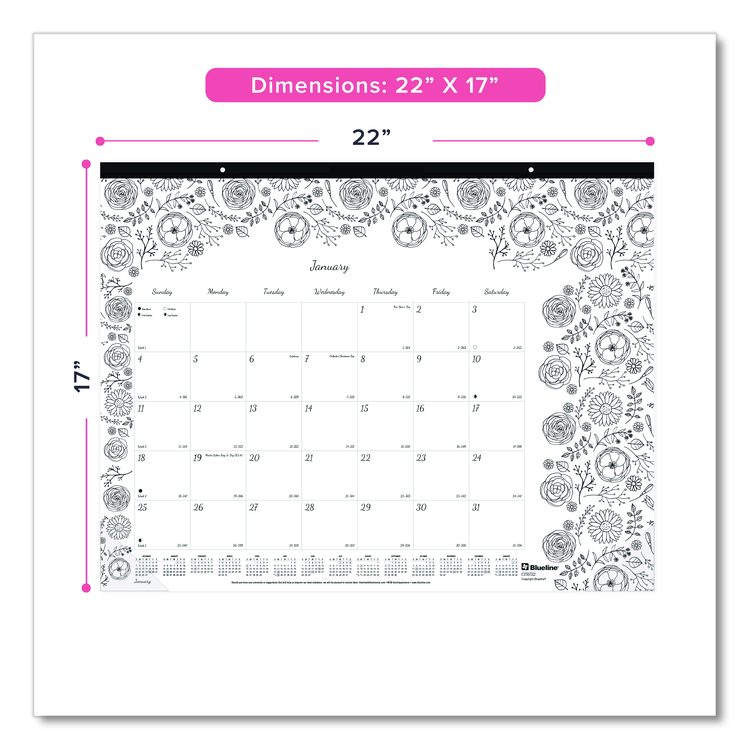 Monthly Desk Pad Calendar, Monthly Coloring Artwork, 22 x 17, Black Binding, Clear Corners, 12-Month (Jan to Dec): 2026