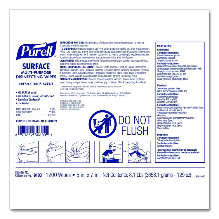 Surface Multi-Purpose Disinfecting Wipes, 1-Ply, 5 x 7, Fresh Citrus, White, 2/Carton