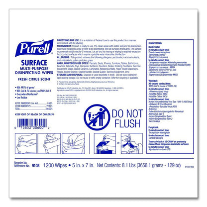 Surface Multi-Purpose Disinfecting Wipes, 1-Ply, 5 x 7, Fresh Citrus, White, 2/Carton