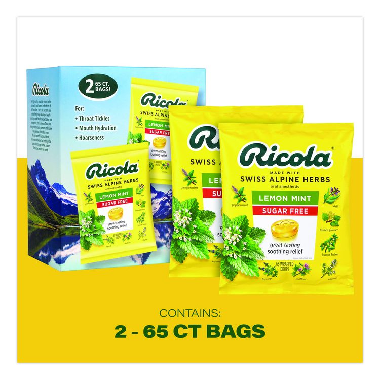 Sugar-Free Lemon Mint Herb Throat Drops, 65/Bag, 2 Bags/Pack