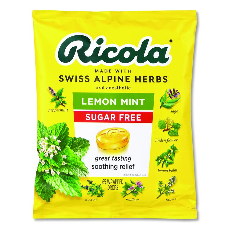 Sugar-Free Lemon Mint Herb Throat Drops, 65/Bag, 2 Bags/Pack