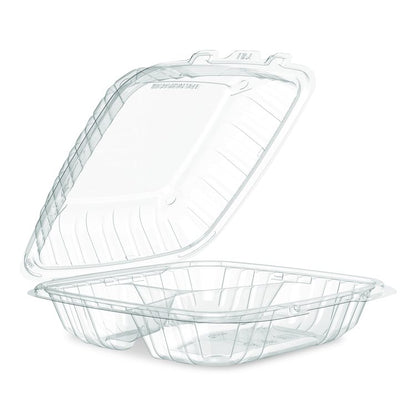 Microwaveable Hinged Containers, ProPlanet Seal, 3 Compartments, 9 x 8.75 x 3, Clear, Plastic,150/Carton