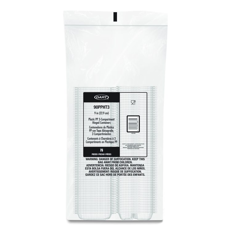 Microwaveable Hinged Containers, ProPlanet Seal, 3 Compartments, 9 x 8.75 x 3, Clear, Plastic,150/Carton