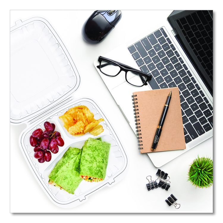 Microwaveable Hinged Containers, ProPlanet Seal, 3 Compartments, 9 x 8.75 x 3, Clear, Plastic,150/Carton