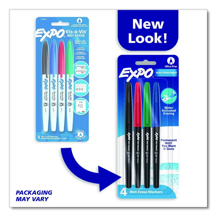 Wet Erase Marker, Ultra Fine Bullet Tip, Assorted Colors, 4/Set
