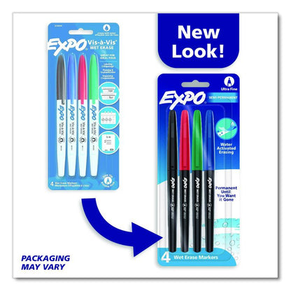 Wet Erase Marker, Ultra Fine Bullet Tip, Assorted Colors, 4/Set