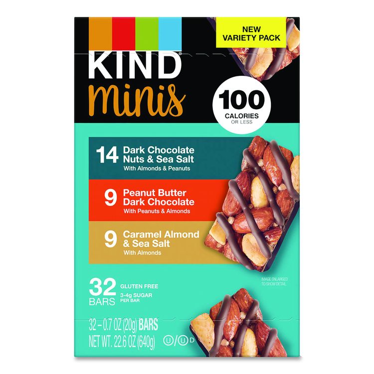 Minis, Dark Chocolate Nuts Sea Salt/Caramel Almond Nuts Sea Salt, 0.7 oz Bar, 32 Bars/Carton