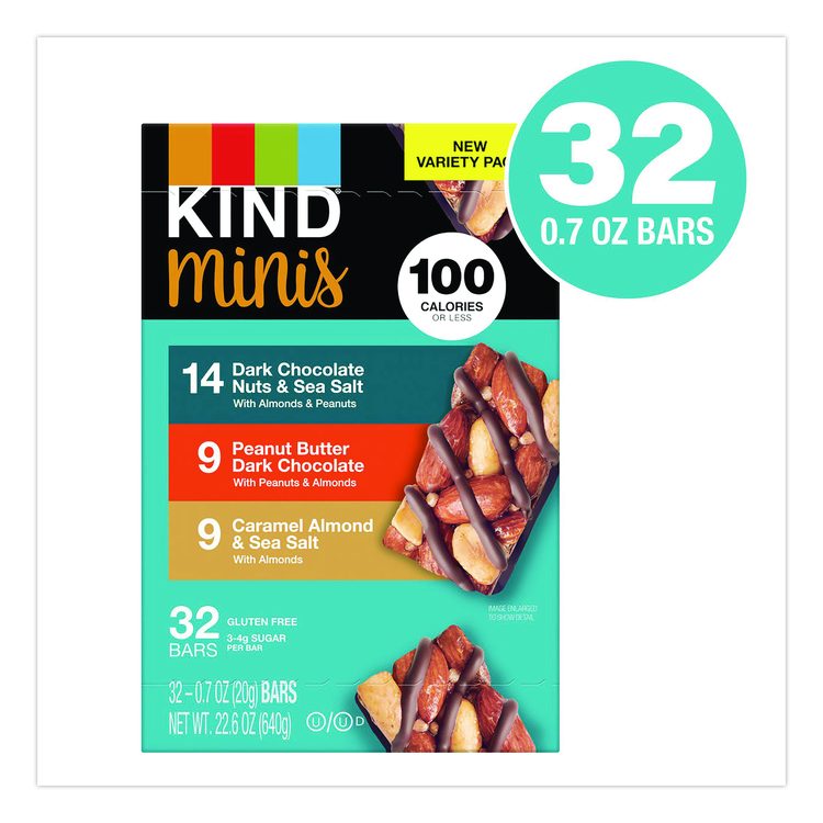 Minis, Dark Chocolate Nuts Sea Salt/Caramel Almond Nuts Sea Salt, 0.7 oz Bar, 32 Bars/Carton