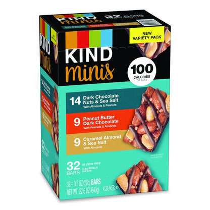 Minis, Dark Chocolate Nuts Sea Salt/Caramel Almond Nuts Sea Salt, 0.7 oz Bar, 32 Bars/Carton