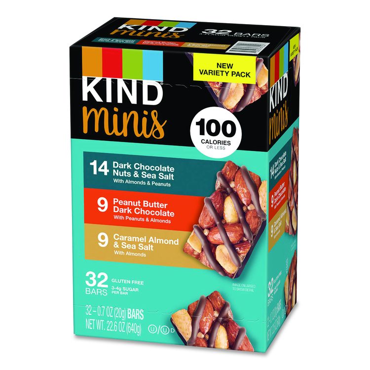 Minis, Dark Chocolate Nuts Sea Salt/Caramel Almond Nuts Sea Salt, 0.7 oz Bar, 32 Bars/Carton