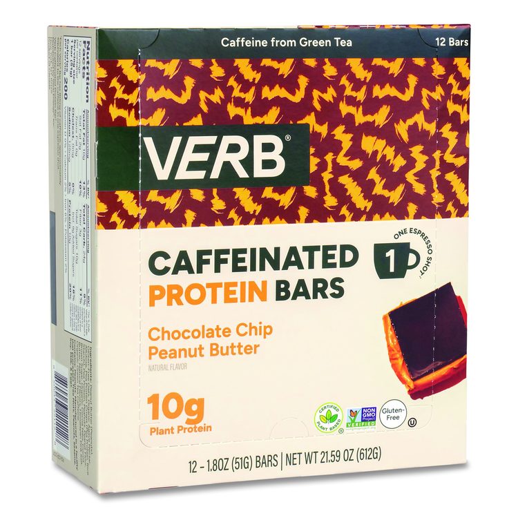Caffeinated Protein Bar, Chocolate Chip Peanut Butter, 1.8 oz Bar, 12/Box
