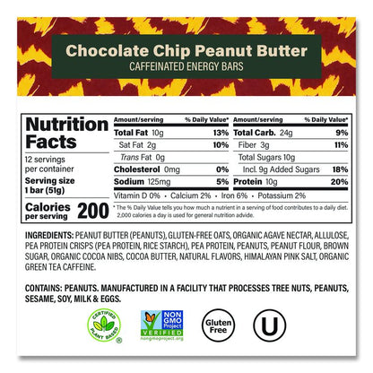 Caffeinated Protein Bar, Chocolate Chip Peanut Butter, 1.8 oz Bar, 12/Box