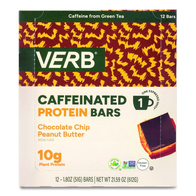 Caffeinated Protein Bar, Chocolate Chip Peanut Butter, 1.8 oz Bar, 12/Box